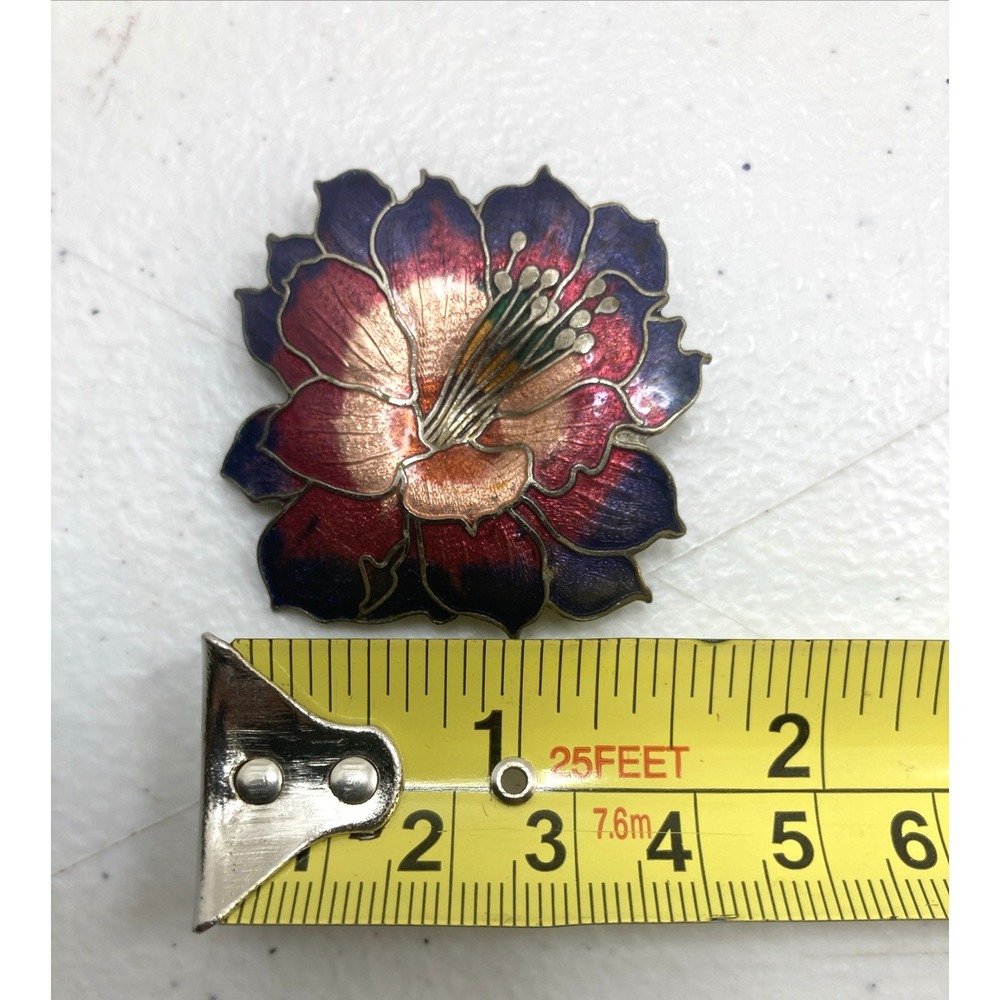 Vtg Silver Tone Purple Mauve Pink Cloisonne Enamel Hibiscus Flower Brooch Pin - Picture 6 of 7
